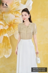 NK Fashion Áo Sơ Mi Cổ Tròn Tay Lỡ Đính Nơ Dập Cổ Tiểu Thư, Trẻ Trung NKSM2401025