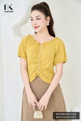 NK Fashion Áo Sơ Mi Xếp Cổ Gấu Tay Chun Dây Ngọc Tiểu Thư, Nữ Tính NKSM2401020