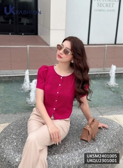 Áo sơ mi Croptop bấu mí kẻ ren cổ Uk Fashion, thời trang công sở cao cấp, chất liệu lụa, không nhăn UKSM2401005