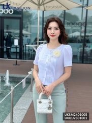 Áo sơ mi Croptop bấu mí kẻ ren cổ Uk Fashion, thời trang công sở cao cấp, chất liệu lụa, không nhăn UKSM2401005