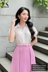 NK Fashion Áo Sơ Mi Cổ Đức Phối Ren Tay Vải Nữ Tính, Thanh Lịch NKSM2403006