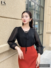Áo Sơ Mi Cổ Tim Dài Tay Dây Buộc NK Fashion Công Sở Nữ Thanh Lịch Vải Mềm Mịn NKSM2406003