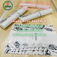 Giấy nến gói hoặc lót Bánh Kebab in logo mỏng 28-38gsm chuẩn size 28x38 cm - Block 100 (nhanh 8h) & 2000 tờ (công nghiệp 24h)