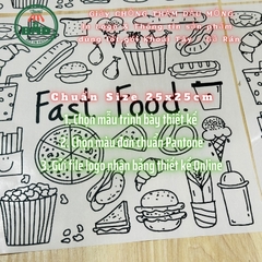 Giấy nến gói hoặc lót Khoai Tây, Gà Rán in logo mỏng 28-38gsm chuẩn size 25x25 cm - Block 100 (nhanh 8h) & 2000 tờ (công nghiệp 24h)