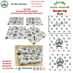 Giấy nến(hút dầu)gói-lót Bánh Burger big size in logo,chuẩn>28gsm(30x39cm)-Bloc 100(đen 3h)/1k/2k