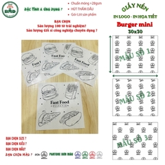Giấy nến(hút dầu)gói-lót Bánh Burger mini in logo,chuẩn>28gsm(30x30cm)-Bloc 100(đen 3h)/1k/2k