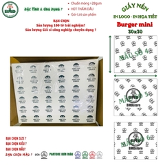 Giấy nến(hút dầu)gói-lót Bánh Burger mini in logo,chuẩn>28gsm(30x30cm)-Bloc 100(đen 3h)/1k/2k