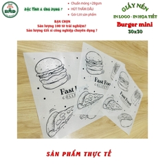 Giấy nến(hút dầu)gói-lót Bánh Burger mini in logo,chuẩn>28gsm(30x30cm)-Bloc 100(đen 3h)/1k/2k