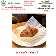 Giấy nến(hút dầu)gói-lót Bánh mì-Croissant in logo,chuẩn>28gsm(16x19cm)-Bloc 100(đen 3h)/9k/18k