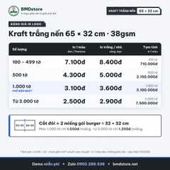 Giấy kraft trắng nến in logo 65x32cm 38gsm – trắng tinh, 2 mặt nhám, gói lót đồ ăn F&B, quần áo, phụ kiện, in từ 100 tờ