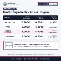 Giấy kraft trắng nến in logo 65x48cm 38gsm – trắng tinh, 2 mặt nhám, gói hộp bánh, combo đồ ăn, áo gấp, in từ 100 tờ