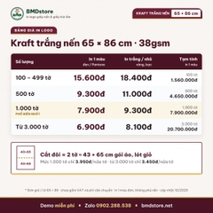 Giấy kraft trắng nến in logo 65x86cm 38gsm khổ lớn – trắng tinh, 2 mặt nhám, bọc quà, lót khay, áo khoác, in từ 100 tờ