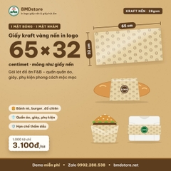 Giấy kraft vàng nến in logo 65x32cm 28gsm – 1 mặt bóng 1 mặt nhám, gói lót đồ ăn F&B, quần áo, phụ kiện, in từ 100 tờ