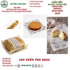 Giấy nến(hút dầu)gói-lót Bánh Cake,Bánh Su,Bánh Crepe in logo,chuẩn>28gsm(15x15cm)-Bloc 100(đen 3h)/4k/8k