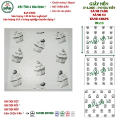 Giấy nến(hút dầu)gói-lót Bánh Cake,Bánh Su,Bánh Crepe in logo,chuẩn>28gsm(18x18cm)-Bloc 100(đen 3h)/3k/6k