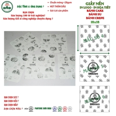 Giấy nến(hút dầu)gói-lót Bánh Cake,Bánh Su,Bánh Crepe in logo,chuẩn>28gsm(18x18cm)-Bloc 100(đen 3h)/3k/6k