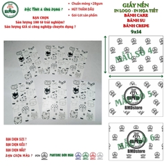Giấy nến(hút dầu)gói-lót Bánh Cake,Bánh Su,Bánh Crepe in logo,chuẩn>28gsm(9x14cm)-Bloc 100(đen 3h)/7k/14k