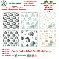 Giấy nến(hút dầu)gói-lót Bánh Cake,Bánh Su,Bánh Crepe in logo,chuẩn>28gsm(9x14cm)-Bloc 100(đen 3h)/7k/14k