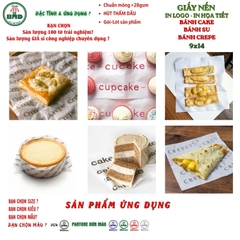 Giấy nến(hút dầu)gói-lót Bánh Cake,Bánh Su,Bánh Crepe in logo,chuẩn>28gsm(9x14cm)-Bloc 100(đen 3h)/7k/14k