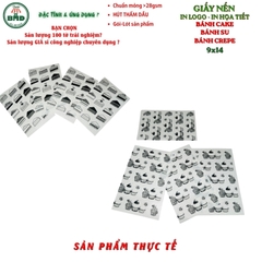 Giấy nến(hút dầu)gói-lót Bánh Cake,Bánh Su,Bánh Crepe in logo,chuẩn>28gsm(9x14cm)-Bloc 100(đen 3h)/7k/14k