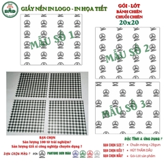 Giấy nến(hút dầu)gói-lót Bánh Chiên-Chuối chiên in logo,chuẩn>28gsm(20x20cm)-Bloc 100(đen 3h)/3k/6k