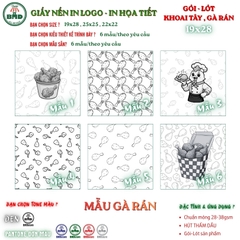 Giấy nến(hút dầu)gói-lót Khoai Tây,Gà Rán in logo,chuẩn>28gsm(19x28cm)-Bloc 100(đen 3h)/1500/3000