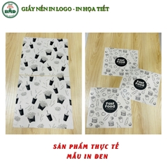 Giấy nến(hút dầu)gói-lót Khoai Tây,Gà Rán in logo,chuẩn>28gsm(19x28cm)-Bloc 100(đen 3h)/1500/3000