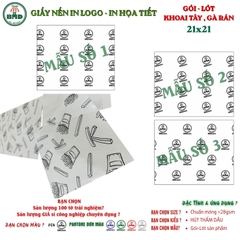 Giấy nến(hút dầu)gói-lót Khoai Tây,Gà Rán in logo,chuẩn>28gsm(21x21cm)-Bloc 100(đen 3h)/3k/6k