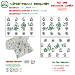 Giấy nến(hút dầu)gói-lót Khoai Tây,Gà Rán in logo,chuẩn>28gsm(22x22cm)-Bloc 100(đen 3h)/2000/4000