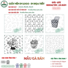 Giấy nến(hút dầu)gói-lót Khoai Tây,Gà Rán in logo,chuẩn>28gsm(22x22cm)-Bloc 100(đen 3h)/2000/4000