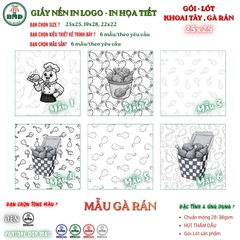 Giấy nến(hút dầu)gói-lót Khoai Tây,Gà Rán in logo,chuẩn>28gsm(25x25cm)-Bloc 100(đen 3h)/1000/2000
