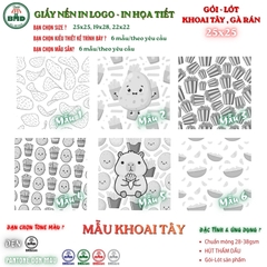 Giấy nến(hút dầu)gói-lót Khoai Tây,Gà Rán in logo,chuẩn>28gsm(25x25cm)-Bloc 100(đen 3h)/1000/2000