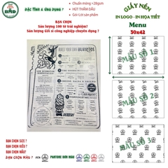 Giấy nến(hút dầu) làm Menu lót bàn in logo,chuẩn>28gsm(30x42cm)-Bloc 100(đen 3h)/1k/2k