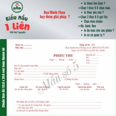 Phiếu Thu 1 liên-Bloc 2 (in sẵn) & Bloc 6 (chọn mẫu in tên) hoặc theo thiết kế