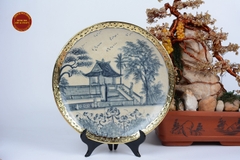 Đĩa cảnh Chùa Một Cột men rạn bọc đồng - gốm sứ Bát Tràng cao cấp