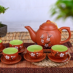 Bộ ấm chén gốm dáng quả dừa vẽ hoa đào kèm tách lót  - Gốm sứ Bát Tràng