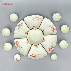 Bộ hoa mặt trời men kem vẽ hoa đào Size 1  - gốm sứ Bát Tràng cao cấp