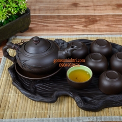 Bộ ấm chén gốm nhỡ đắp trúc kèm khay tùng bằng gốm - Gốm sứ Bát Tràng