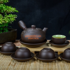 Bộ ấm chén gốm tử sa - quai chuôi đắp S2  - Gốm sứ Bát Tràng