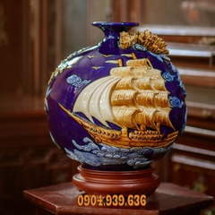 Bình hút Tài Lộc đắp nổi men màu xanh Thiên ThanhBát Tràng - cao 28 cm