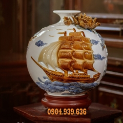 Bình hút Tài Lộc đắp nổi men màu trắng Bát Tràng - cao 28 cm