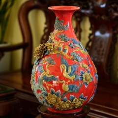 Tỳ Bà đắp nổi TÙNG HẠC DIÊN NIÊN - Màu Đỏ 55cm - Gốm sứ Bát Tràng cao cấp