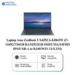 Laptop Asus ZenBook UX425EA-KI843W (i7-1165G7/16GB RAM/512GB SSD/UMA/14FHD IPS/USB-A to RJ45/WIN 11/XÁM)