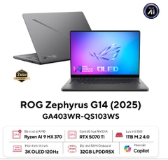 Laptop Asus Gaming ROG Zephyrus G14 GA403WR-QS103WS (AMD Ryzen AI 9 HX 370 | RTX 5070Ti 12GB | 14 inch 3K OLED 120Hz | 32GB | 1TB | Win 11 | Xám)