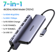 Hub Type-C 7 cổng Ugreen 15214, 2xUSB-A 3.0 +USB-C+HDMI 4K@30Hz + PD 100W