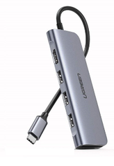 Ugreen 70410 15CM bộ chuyển đổi USB Type-C sang HDMI + TF/SD + 3 cổng USB 3.0 màu bạc không hỗ trợ PD CM195 20070410