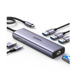 Hub USB Type-C 6 trong 1 ra HDMI 4K@30Hz, USB 3.0, Lan 1Gbps, Sạc PD 100W Ugreen 15598 cao cấp