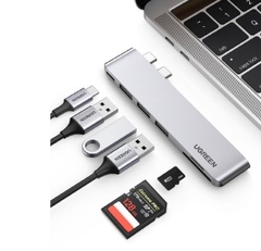 Ugreen 60560 macbook pro air 2 cổng USB Type C Bộ chuyển đổi sang 3x Hub USB 3.0 + SD/TF + nguồn PD màu xám bằng nhôm