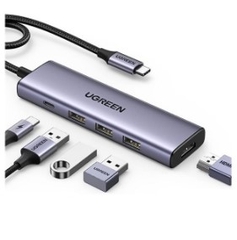 Hub chuyển đổi USB Type-C 5 trong 1 ra HDMI 4K@60Hz, USB-A x3, Sạc PD 100W Ugreen 15597 cao cấp