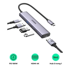 Hub chuyển đổi Type C Ugreen 15495 HDMI 4K@30Hz, USB 2.0, USB 3.0, Sạc PD 100W